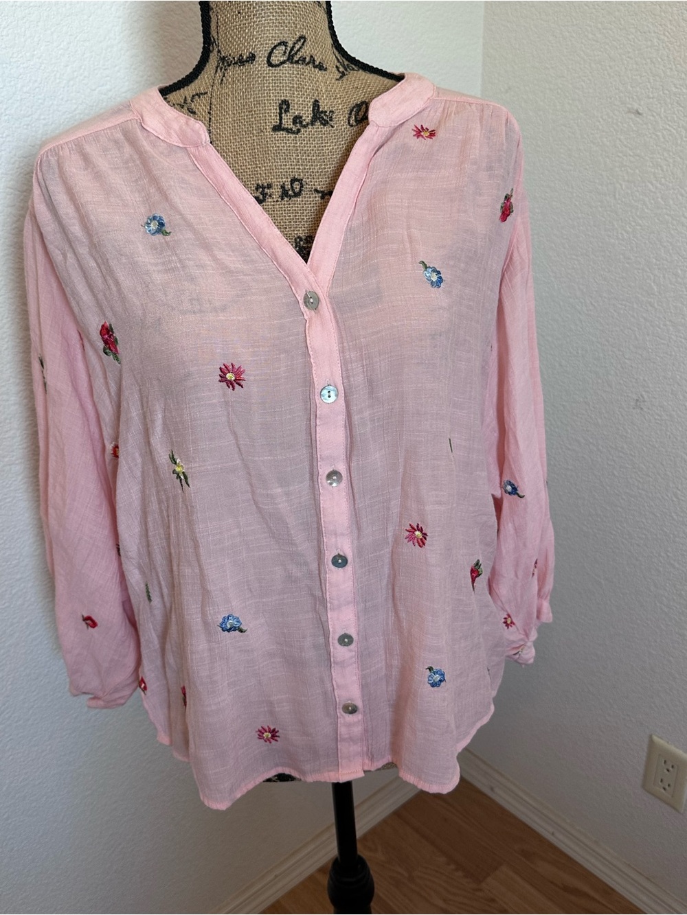 Light Pink Floral Embroidered Button-Front Blouse